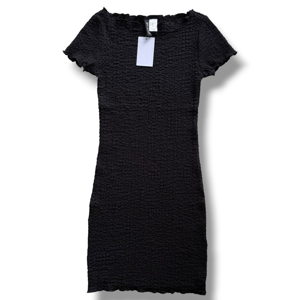 Divided H&M Women XXS Black Crinkled Overlocked Trim Short Sl Bodycon Mini Dress
